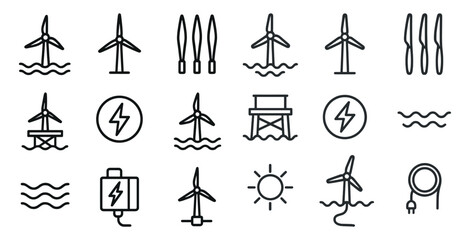 Sustainable energy icon set featuring wind turbines and electrical elements