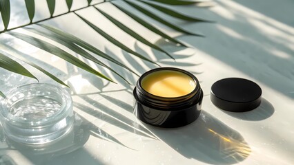 Yellow Lip Balm in Matte Black Jar on Frosted Glass in Sunlight