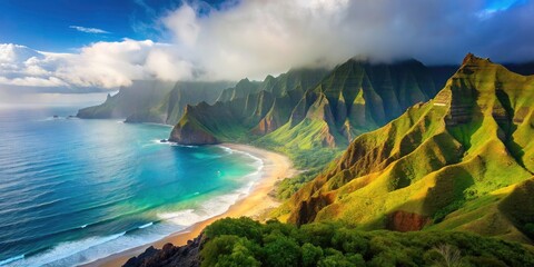 Napali Coast Hawaii: Lush Green Cliffs, Pacific Ocean, Sandy Beach, Mist, Sunlight Photography