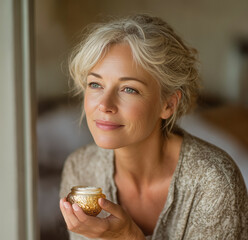young woman in her 30s applying a light make-up cream on a perfect cared natural skin