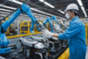 A blurry car factory, vehicle spare parts production using sophisticated tools, a worker makes spare parts assisted by a sophisticated and modern robot hand, with a blurry car factory background.