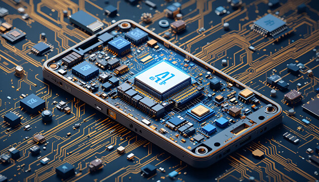 Isometric illustration of AI-enhanced electronic device teardown showing circuits, processors, and data links representing deep learning and embedded intelligence technology.
