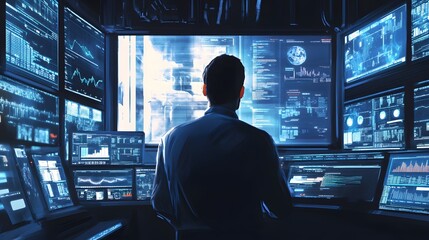 A tech founder surrounded by futuristic screens and data