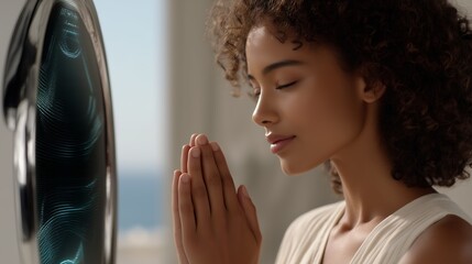 African American woman praying, eyes closed, hands clasped near smart mirror reflecting Virgin Mary image, blending spiritual devotion with technological innovation