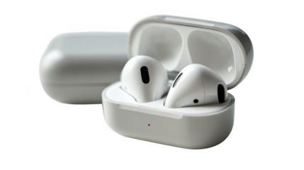 White wireless earphones in charging case isolated on transparent background, PNG