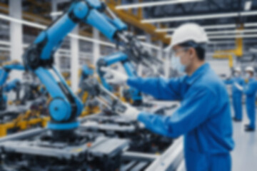 Naklejka premium A blurry car factory, vehicle spare parts production using sophisticated tools, a worker makes spare parts assisted by a sophisticated and modern robot hand, with a blurry car factory background.
