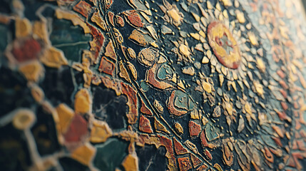 an intricately woven textile or rug, showcasing a vibrant mandala-like design with a central sun motif. The pattern is rich in detail, featuring warm colors like gold, orange, and red