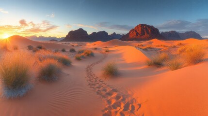 Golden Sunset over Sandy Desert Dunes with Distant Mountains and Footprints