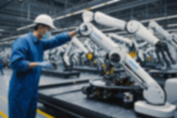Fototapeta premium A blurry car factory, vehicle spare parts production using sophisticated tools, a worker makes spare parts assisted by a sophisticated and modern robot hand, with a blurry car factory background.