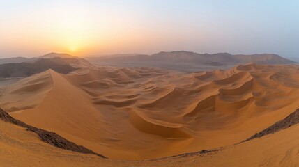 Naklejka premium Vast Desert Landscape with Golden Sand Dunes at Sunset in Morocco Africa
