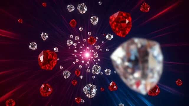 ルビーやダイヤモンドなどの宝石が爆発するような、抽象的な3Dモーション背景 &mdash; トレンドデザイン向けのモダンなビデオフッテージ