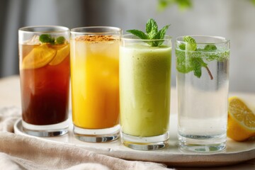 Fototapeta premium Refreshing Lineup of Healthy Alternative Drinks Featuring Herbal Tea, Smoothie, and Purified Water Ready to Energize During a Sunny Afternoon