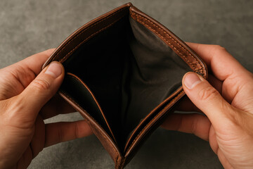 Hands holding an open, empty brown leather wallet.