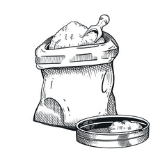 Bag of flour and wooden scoop, sieve for sifting flour. Vector illustration. Suitable for printing on food packaging, wrapping paper, bakery design.