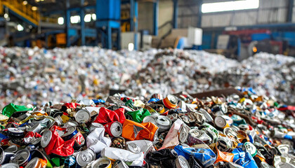 Colorful crushed cans at a recycling plant illustrate waste management. Ideal for ecoawareness campaigns, environmental projects, and corporate responsibility themes.