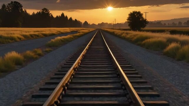 Straight railway track extending into the horizon, creating a sense of depth and perspective, bathed in the warm, golden light of a setting sun