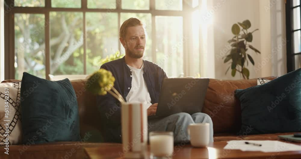 Poster remote work from home, thinking and man on sofa, laptop and problem solving with online editing. per