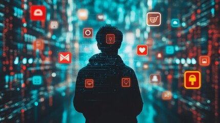 A Person Surrounded by Floating Social Media Icons - world, social media presence, online connection, data overload