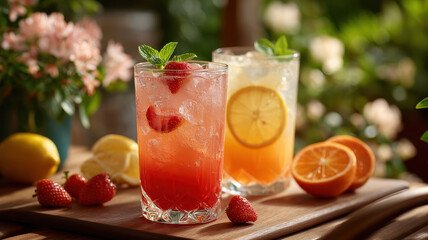 Fototapeta premium Refreshing strawberry and citrus drinks garnished with mint and fruit slices, set on a wooden table with fresh fruit and flowers in the background.