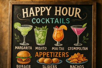 Chalk menu displaying happy hour cocktails and appetizers offerings  