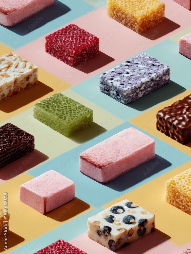 Poster frozen snack assortment arranged in a colorful geometric pattern with minimalistic top zone