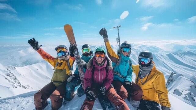 A group of skiers celebrating on a snowy mountaintop, clad in colorful ski gear and goggles, against a backdrop of majestic snow-covered peaks under a clear blue sky.