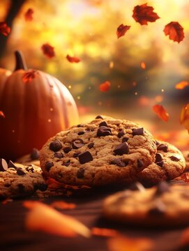 Autumn Chocolate Chip Cookies and Pumpkin - Delicious chocolate chip cookies next to a pumpkin with autumn leaves falling, perfect for fall baking