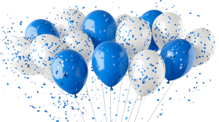 Elegant Blue and White Balloons with Confetti Cutout on Transparent Background