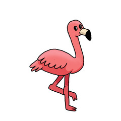 Cartoon-style pink flamingo standing on one leg with a curved neck and simple features, set against a white background playful and minimal illustration.