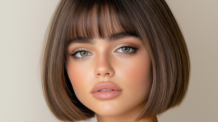 Woman with straight brown bob hairstyle posing