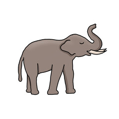 Cartoon-style brown elephant with raised trunk and closed eyes, shown in side profile on a white background simple and playful illustration for kids or wildlife themes.