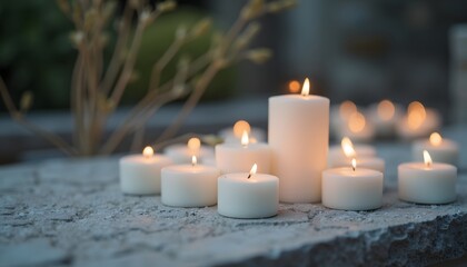 Lit candles of varying sizes are placed on a stone surface creating a soft warm ambiance