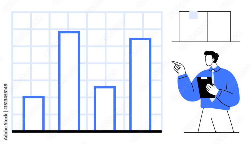 Poster bar chart with increasing columns, professional pointing to chart holding clipboard. ideal for data 