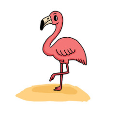 Minimalist cartoon flamingo standing on one leg over yellow sand. Pink feathers, curved neck, and cheerful vibe make it ideal for decor, education, or playful design.