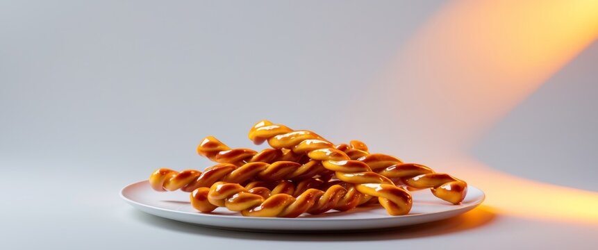 Delicious Chak Chak Dessert on a White Plate, Lit by Warm Light, Minimalist Still Life.