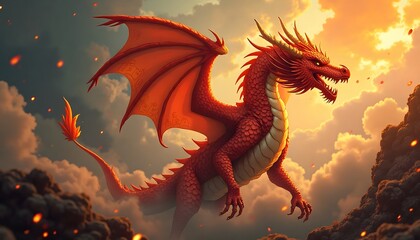 Red dragon soars amid fiery clouds displaying intricate wings and scales in warm light