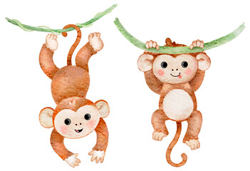 Watercolor painting of two playful monkeys hanging from green vines on a white background.