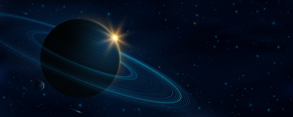 Abstract universe background with planet Saturn and ring around. Starry sky with falling meteors and glowing sun effect. Scientific presentation backdrop. Vector illustration © sersupervector