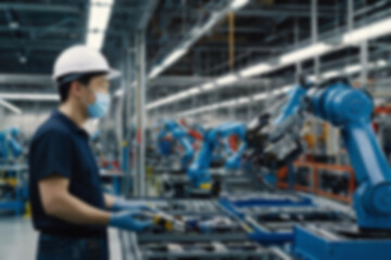 Fototapeta premium A blurry car factory, vehicle spare parts production using sophisticated tools, a worker makes spare parts assisted by a sophisticated and modern robot hand, with a blurry car factory background.