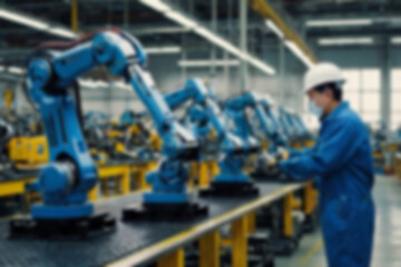 A blurry car factory, vehicle spare parts production using sophisticated tools, a worker makes spare parts assisted by a sophisticated and modern robot hand, with a blurry car factory background.