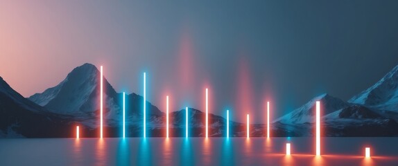 Futuristic Landscape with Neon Lights. Mountains, Water, and Vibrant Vertical Beams.