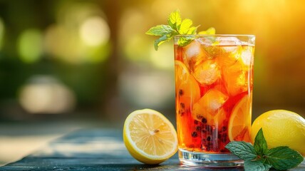 Fototapeta premium Refreshing iced tea with lemon, mint, and ice cubes in a glass, set outdoors with sunlight and fresh lemons.