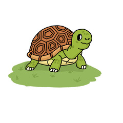 Cartoon turtle with green limbs and brown hexagonal shell standing on grass. Friendly expression and playful style, perfect for kids’ content or educational use.