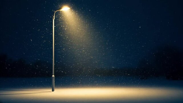 Bright lamppost illuminating quiet snowy night scene against dark sky with falling snow and glowing ground

