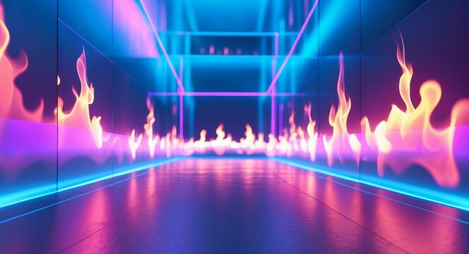Neon Tunnel with Reflecting Flames, Futuristic Vibe, and Glowing Lines Effect.