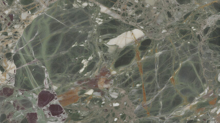 Full-frame 2D slab of Breccia Capraia marble with complex green, grey, and purple web-like patterns.