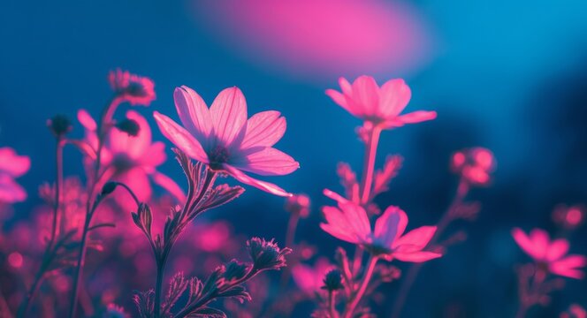 Pink Flowers against Blue Sky, illuminated by a Mysterious, Dreamlike Light. - Powered by Adobe