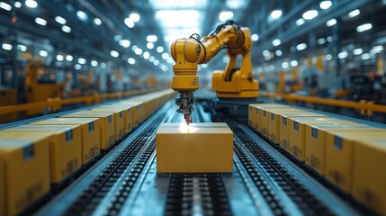 Robotic arms expertly handle packages, showcasing advanced automation in a bustling manufacturing environment