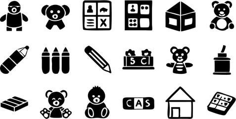 Naklejka premium Illustration of various toys and art supplies including teddy bears crayons and building blocks isolated |eps vectors silhouette