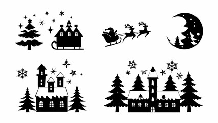 Silhouette christmas scenes with santa sleigh, houses, trees, moon, and snowflakes in black and white |eps vectors